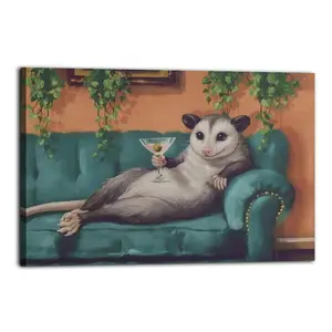 Opossum Lounging with Martini Artistic Wall Decor, Waterproof Canvas Poster, Cute And Vibrant Poster for Bathroom, Living Room, Bedroom, Dorm, A Perfect Gift Idea for New Year Home Decor