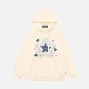Aelfric Eden Unisex Oversized Hoodies Star Graphic Fleece Hooded Streetwear Unisex Sweatshirts Pullover with Pocket Casual Clothes Denim Star Design