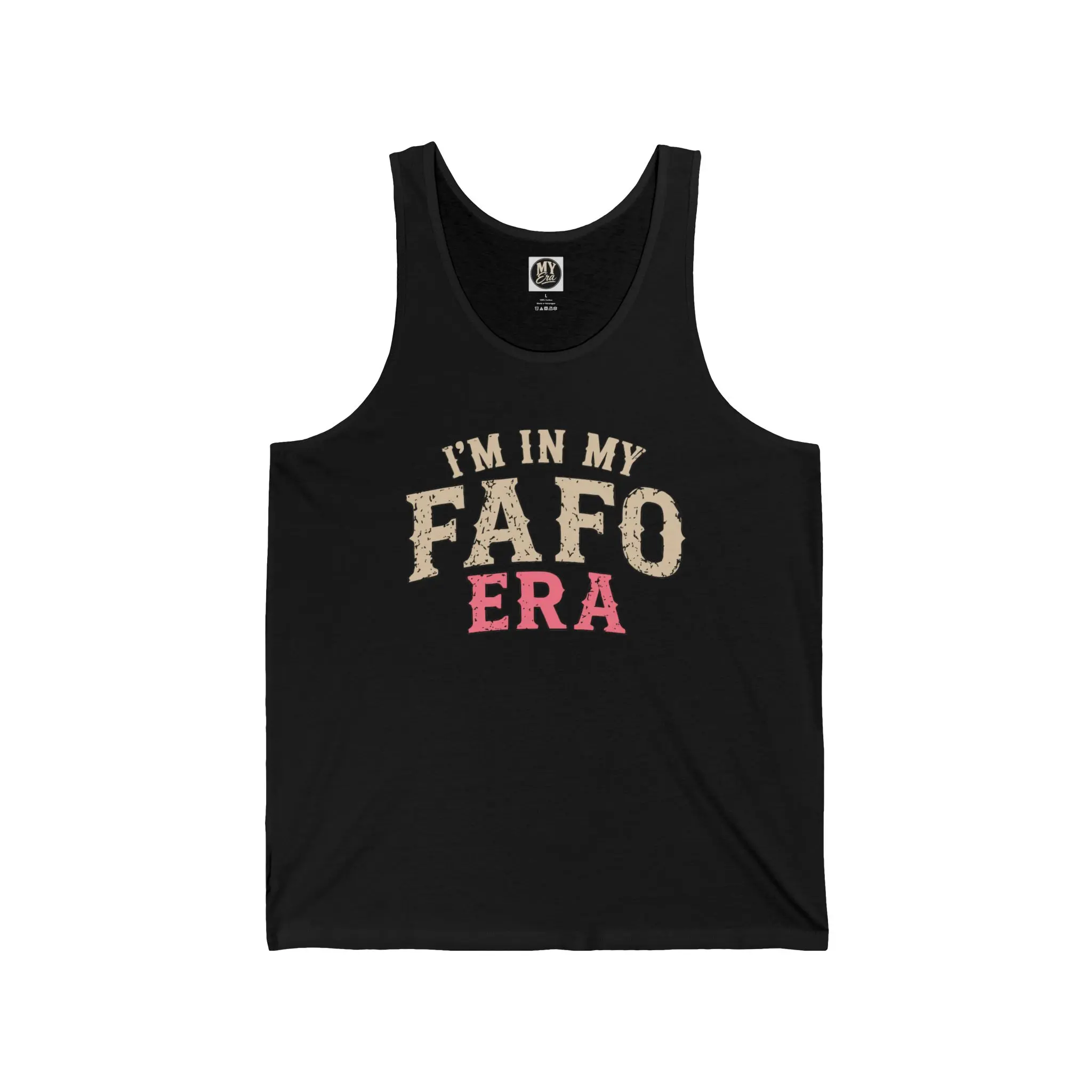 Trendy “I’m in My FAFO Era” women’s graphic tank top featuring bold distressed vintage-style lettering. A fun statement tank for casual wear, summer outfits, concerts, festivals, vacations, and everyday streetwear.