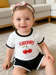 Unisex Baby Round Neck Cherry Print Casual Short Sleeve & Shorts Set, Summer Home Wear, Loose-Fitting, Fruits Pattern, Style Fit