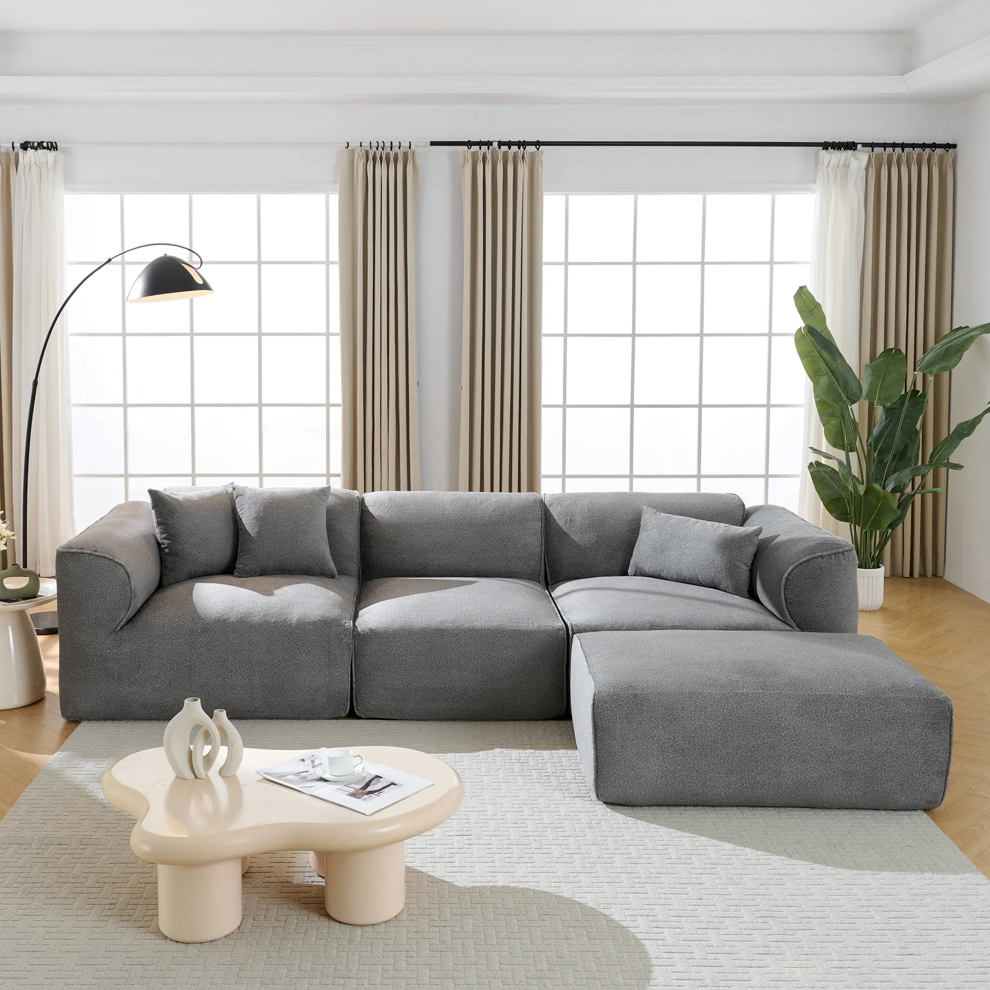 Luxury Living Room Double-Needle Cut Velvet Sofa 4-Seater with Pure Sponge Seat Cushions Detachable Footstool 3 Throw Pillows for Apartment Home Furniture Set, Living Room Furniture for Apartment, Lounge, Family Room, Office and Home Seating