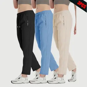 Women’s 3-Pack Ice-Touch Fiber Sports Pants – Four-Season Outdoor Long Pants with Elastic Drawstring Waist, Zipper Pockets, and Straight-Leg Design, Suitable for Yoga, Cycling, Hiking – Breathable and Comfortable