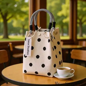 Beige Polka Dot Canvas Tote Bag - Cute Woven Handle Mini Handbag for Everyday & Travel