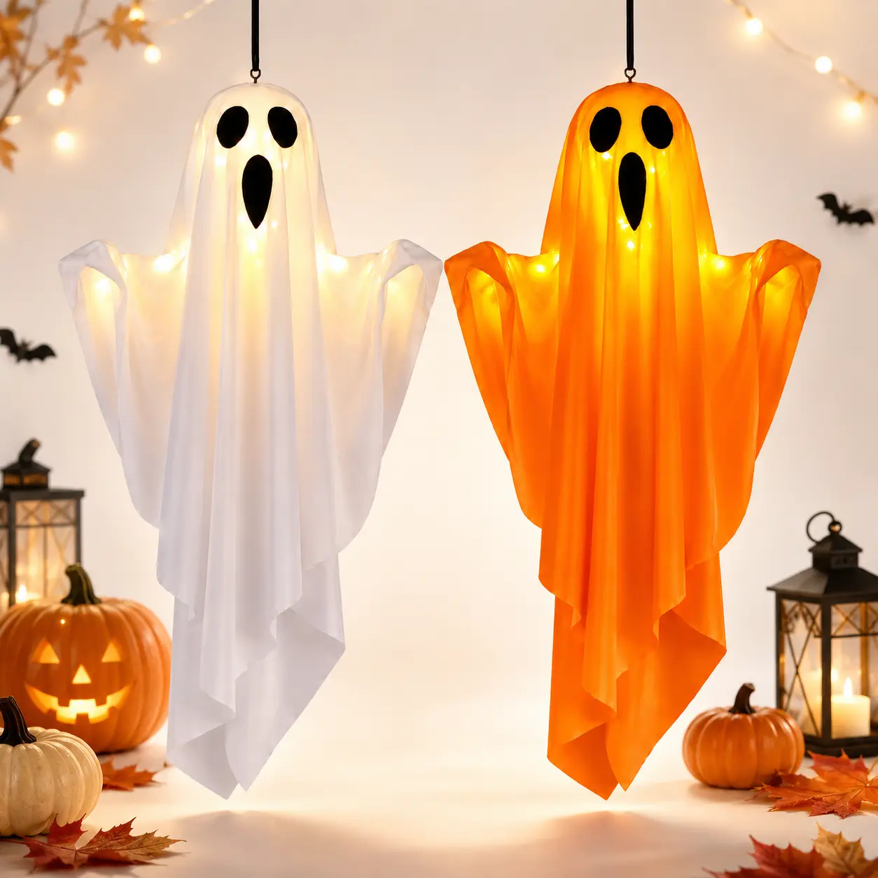 Lifnatty 2-Pack Battery-Operated Light-Up Hanging Ghost Halloween Decorations - White, Orange (Home Improvement Novelty Lighting)