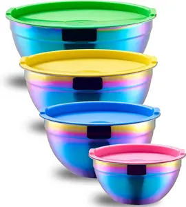 Rainbow Mixing Bowls With Airtight Lids,Stainless Steel Bowl,Salad Bowls 4 count Colorful Nesting Bowl Rainbow Kitchen Accessories,Size 5.5,3.6,2.1,1.5 QT Stackable Design