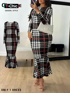 Women's Plaid Tailored Fitted Long Sleeve Dress, Elegant Chic Fish-Tail Design, Perfect for Casual & Formal Wear, Stylish Ladies' Clothing