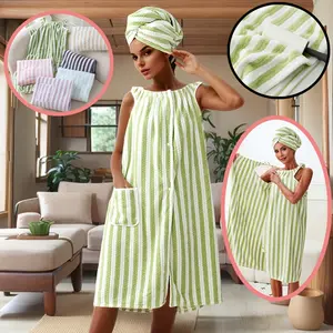 Women's Striped Wearable Bath Towel Soft Absorbent Quick Drying Bath Skirt Robe for Home Bathroom Essential Daily Use
