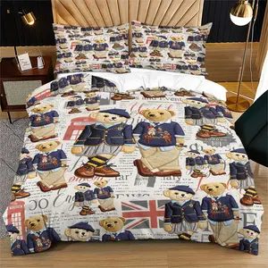 British Preppy Bear Print Decorative Duvet Cover Set (1 or 2 Pillowcases), Adds Cute Vibe to Bedroom, Durable & Easy to Wash for Daily Use, Heartwarming Gift, Bedroom Bedding Set