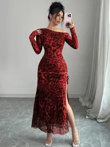 Elegant Tie-Dye Gradient Ruched Mesh Leopard Print Asymmetrical Neck High Slit Long Sleeve Dress, Women's Fashion Set, Stylish and Trendy