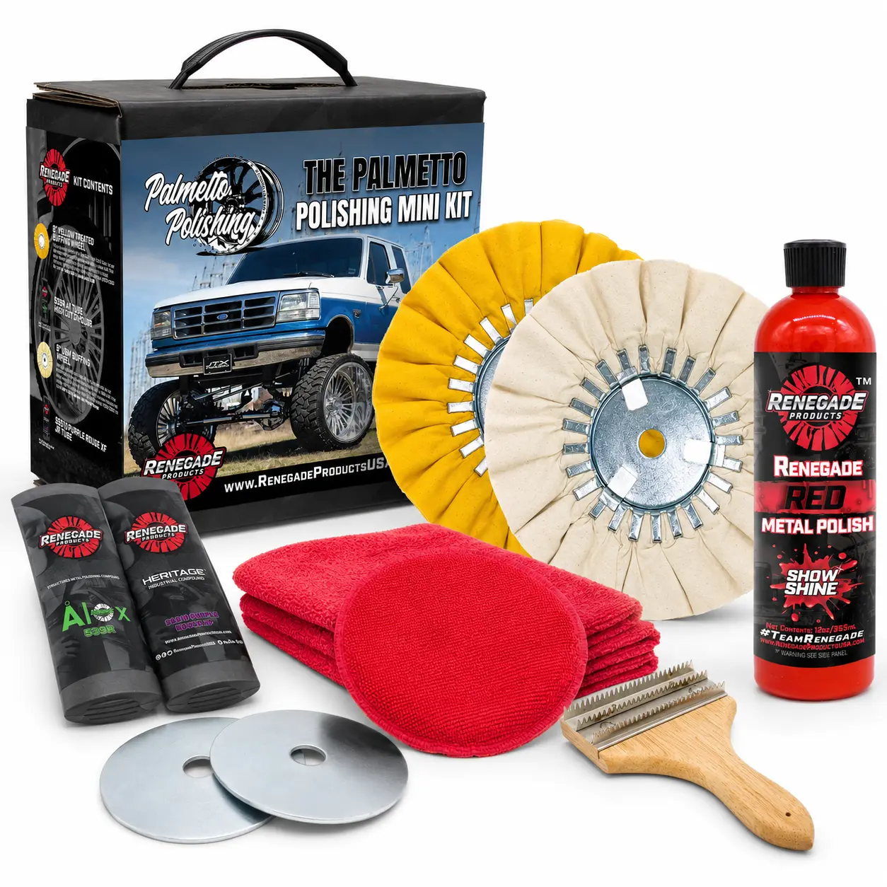 Renegade Products Palmetto Metal Polishing Kit | Aluminum & Stainless Steel Polishing, 8 in Buffing Wheels, Compounds & 12 oz Polish Renegade Products Palmetto Metal Polishing Kit | Aluminum & Stainless Steel Polishing, 8 in Buffing Wheels, Compounds & 12 oz Polish