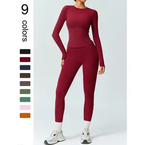 Women's solid color long sleeved T-shirt and high waisted leggings exercise set, suitable for gym running, comfortable and breathable exercise set, women's autumn and winter sportswear yoga setRAIMENTRY