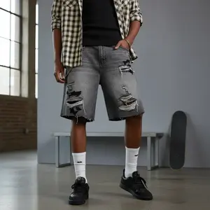 Men's Retro Baggy Distressed Grey Denim Shorts| Cyber Grunge Layered Patchwork Jean Shorts| Vintage Washed Black Streetwear Shorts| Raw Hem Skater Fit
