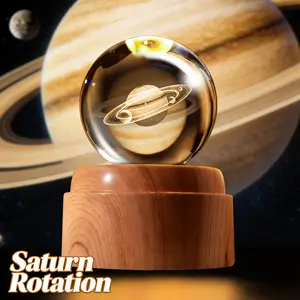 3D Saturn Crystal Ball 2.36“(6cm) Engraved with Rotated Wood Bases, Crystal Sphere Saturn Lamp Astronomy Gifts Physics Science Decor Space Gifts for Women Men