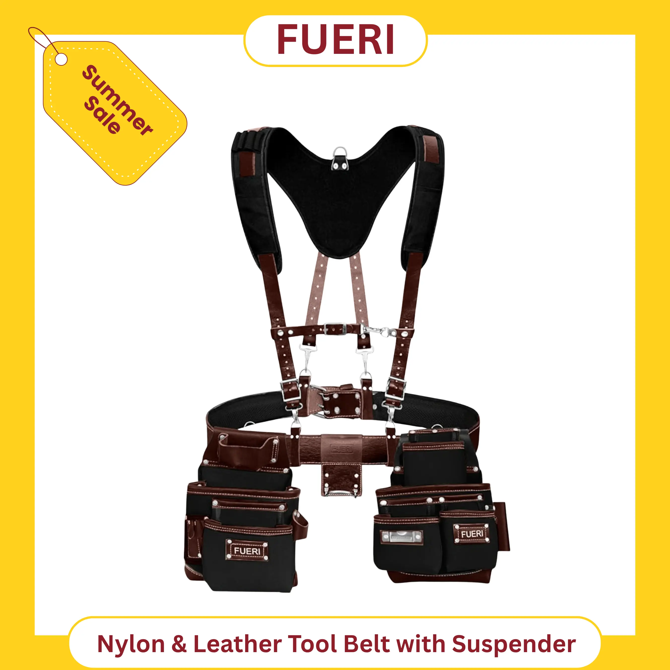 FUERI Nylon and Leather Tool Belt with Suspender comes with 19 Pocket with Adjustable Foam Padded Belt,Heavy Duty Pouches, 4 D-Loops, Leather Suspender and hammer holder for Carpenters & Electricians, Tool Pockets, Foam Padding Eases Long Wear, Tool Bag O