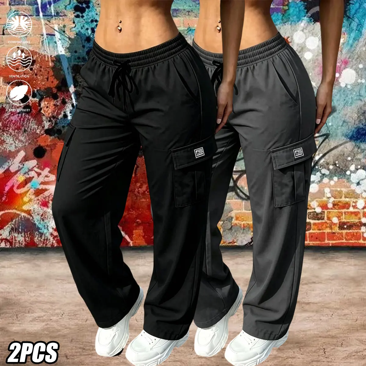 Women’s solid-color cargo pants, 2-pack, featuring an elastic waistband with stretch and practical pockets with large capacity for easy storage.Versatile women’s wear suitable for all seasons—ideal for everyday casual wear, outdoor outings, and workwear/u