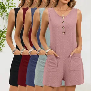 Comfortable Sleeveless Romper for Women Button Front Design Loose Fit Short Jumpsuit with Pockets for Beach