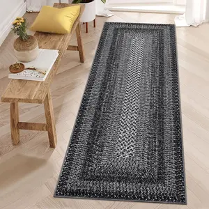GARVEE Area Rug 2x6 Braided Print Washable Rugs Non-Slip Hallway Runners Entryway Rug Runner Ultra-Thin Farmhouse Kitchen Mat Bedroom Bedside Laundry Distressed Rugs Non-Shedding Carpet Charcoal