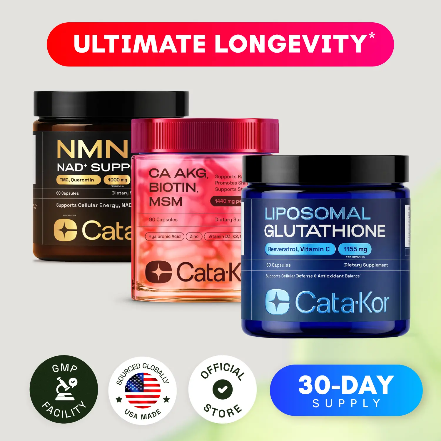 Cata-Kor Ultimate Longevity - NMN 1000 mg, Liposomal Glutathione 500 mg, CA  AKG, Biotin, Hyaluronic Acid, MSM, Vitamin C - TikTok Shop
