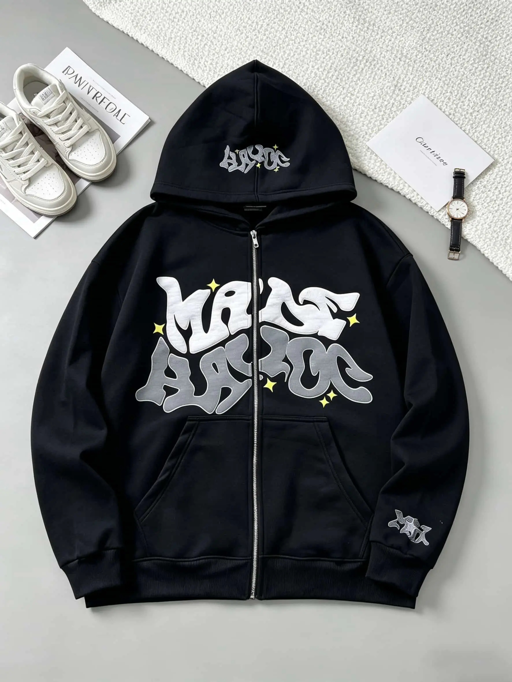 Y2K Retro Star And Letter Printed Zipper Hoodies，Spring Autumn Harajuku Y2K Women And Men Fashion Hip Hop Long Sleeve Hooded ，Avant-Garde - Street Casual Spring/Fall Loose Zipper Pocket Patched，Autumn and Winter Gothic Coat