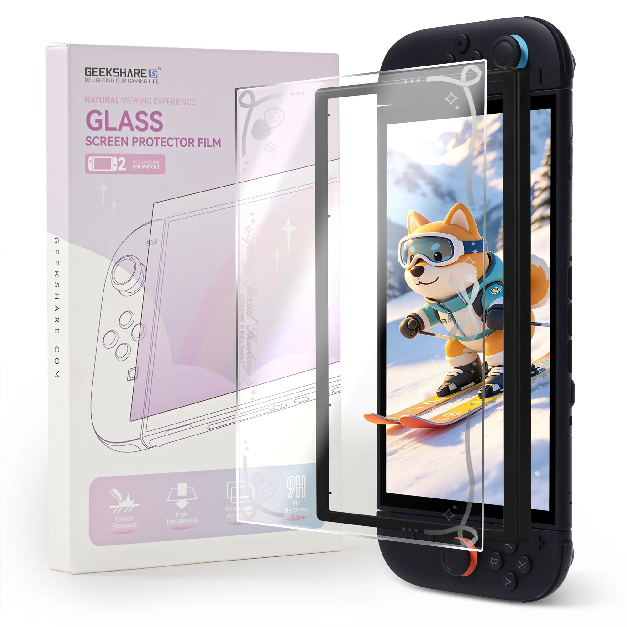 GeekShare Premium High-Aluminum 9H Hardness Anti-Scratch Gaming Tempered Glass Screen Protector for Switch 2, 99.9% Transparency Ultra HD Clear, Secret Art Visible When Powered Off, Includes Positioning Frame (1-Pack) - Strawberries with Cream for Gamers,