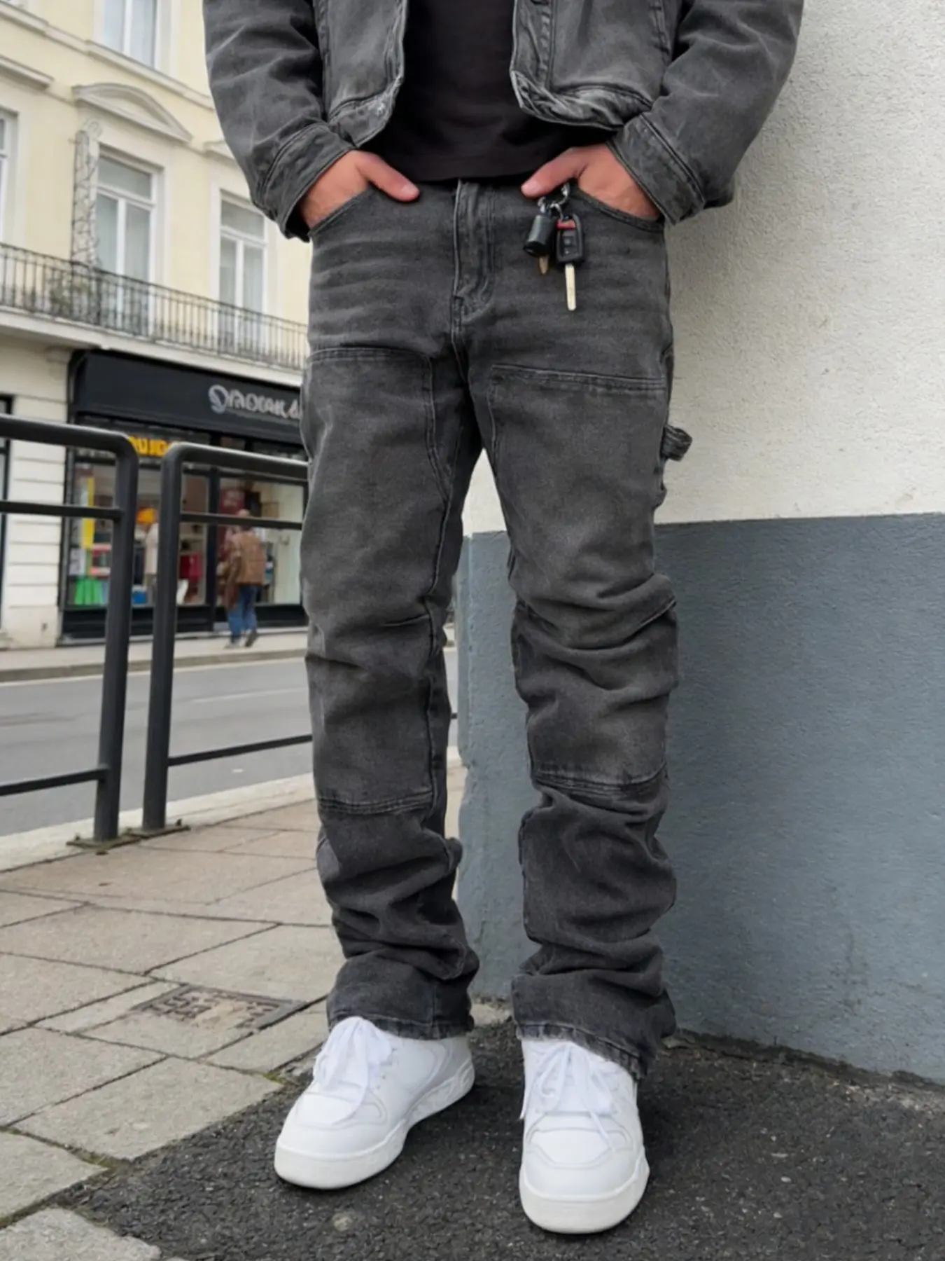 Men's Street Style Streetwear Versatile Washed Raw Hem Solid Color Elastic Patchwork Slim Fit High Street Korean Denim Jeans Pants with Pocket Denim Bottoms