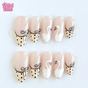 Swan Bow Handmade Press-On Nails | Short Almond Shape, 10pcs | Elegant Ballet Swan Design | Sheer Nude Base & Hand Drawn Swan & Polka Dot French & Black Bow & High Gloss Accents | Reusable DIY Nail Kit for Women | Trendy Nails for Spring, Summer, Dates &