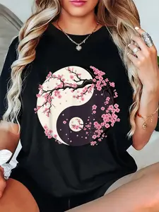 100% Cotton Cherry Blossom Yin Yang Tree of Life Moon Sun Duality T-Shirt