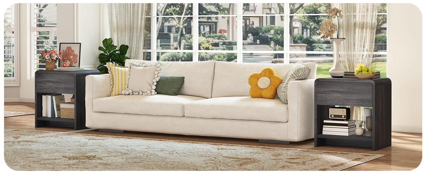 AMERLIFE 2 Different Style Modern Night Stand with Storage Drawer & Open Shelves, Small Nightstand & Bedside Table with Open Shelf, Curved Profile Design & Pine Handles, Wood End Table for Bedroom, Living Room,