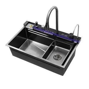 Bronstartz 30x18 INCH Nano Black Waterfall Kitchen Sink Single Bowl with Pull Down Faucet Digital Control & Multiple Modes Stainless Steel