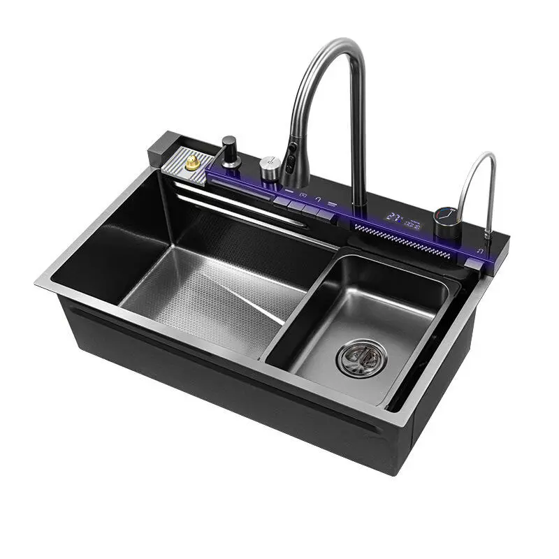Bronstartz Sturdy Rectangle Smart Kitchen Sink - 29.5x17.7" Nano Black Single Bowl Stainless Steel Sink with Pull-Down Digital Control Multi-Mode Faucet, Cutting Board Compatible, Base for Kitchens & Balconies, Nested Basin Keeps Small Items Handy