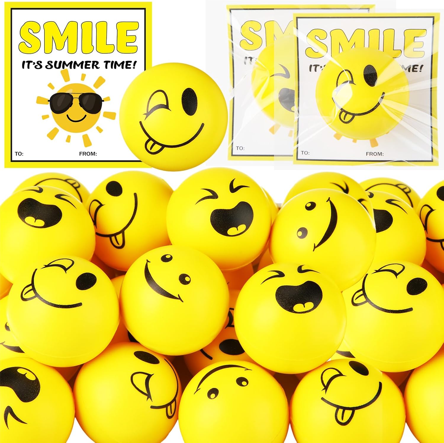 24 Pack Stress Balls for Students - 2 Inch Yellow Squeeze Balls with Wish Cards - Effective Stress Relief Tools for Classroom Exchange & Party Favors