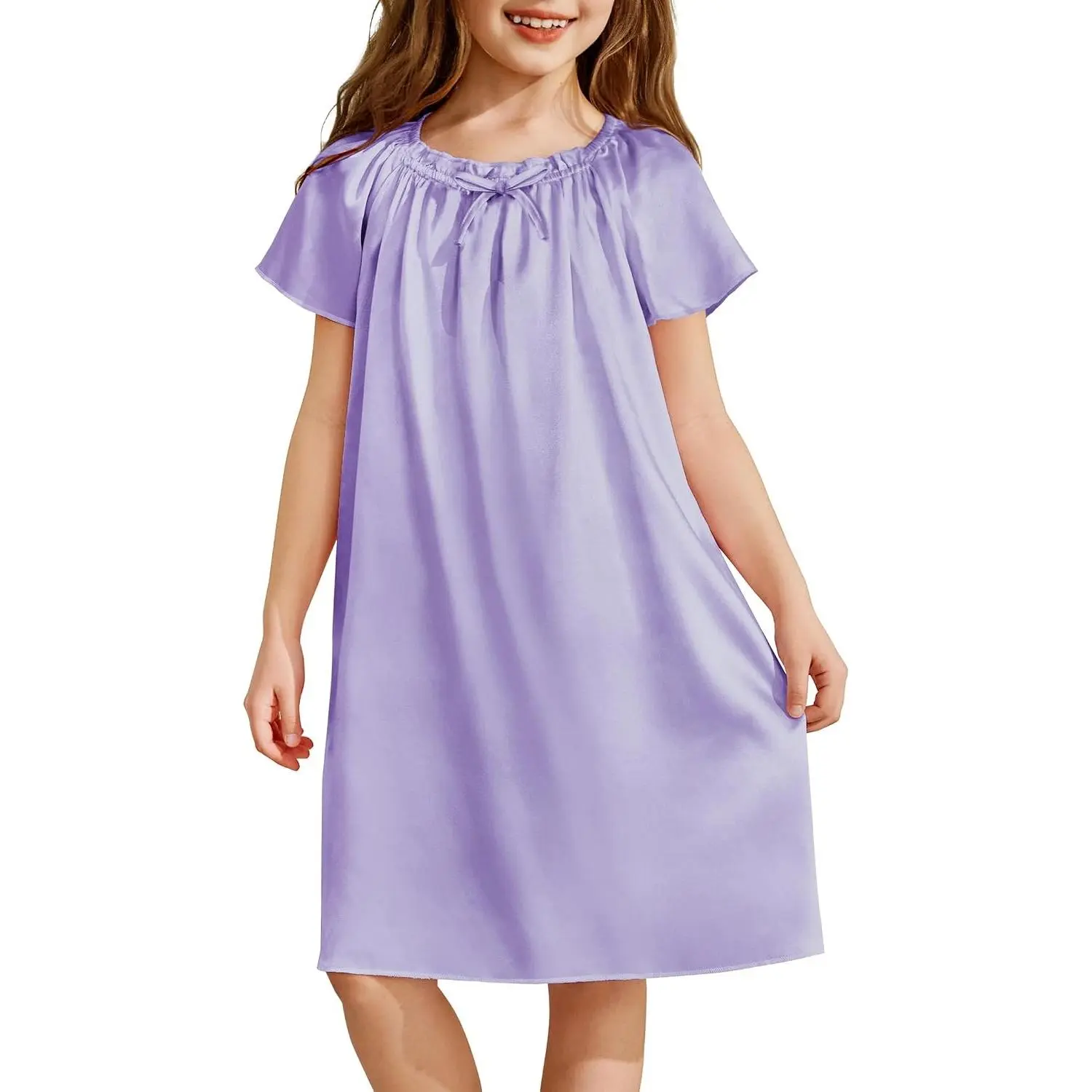 Girls Nightgowns Silk Satin Pajama Dress Short Sleeve Soft Princess Sleepwear(Gift)
