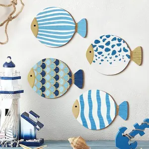 Mediterranean Style Wooden Fish Wall Decor, Blue Ocean Pattern, Farmhouse Living Room Bedroom Decorative Wall Art, DIY Stick-On Modern Home Decoration(DIY Paste)