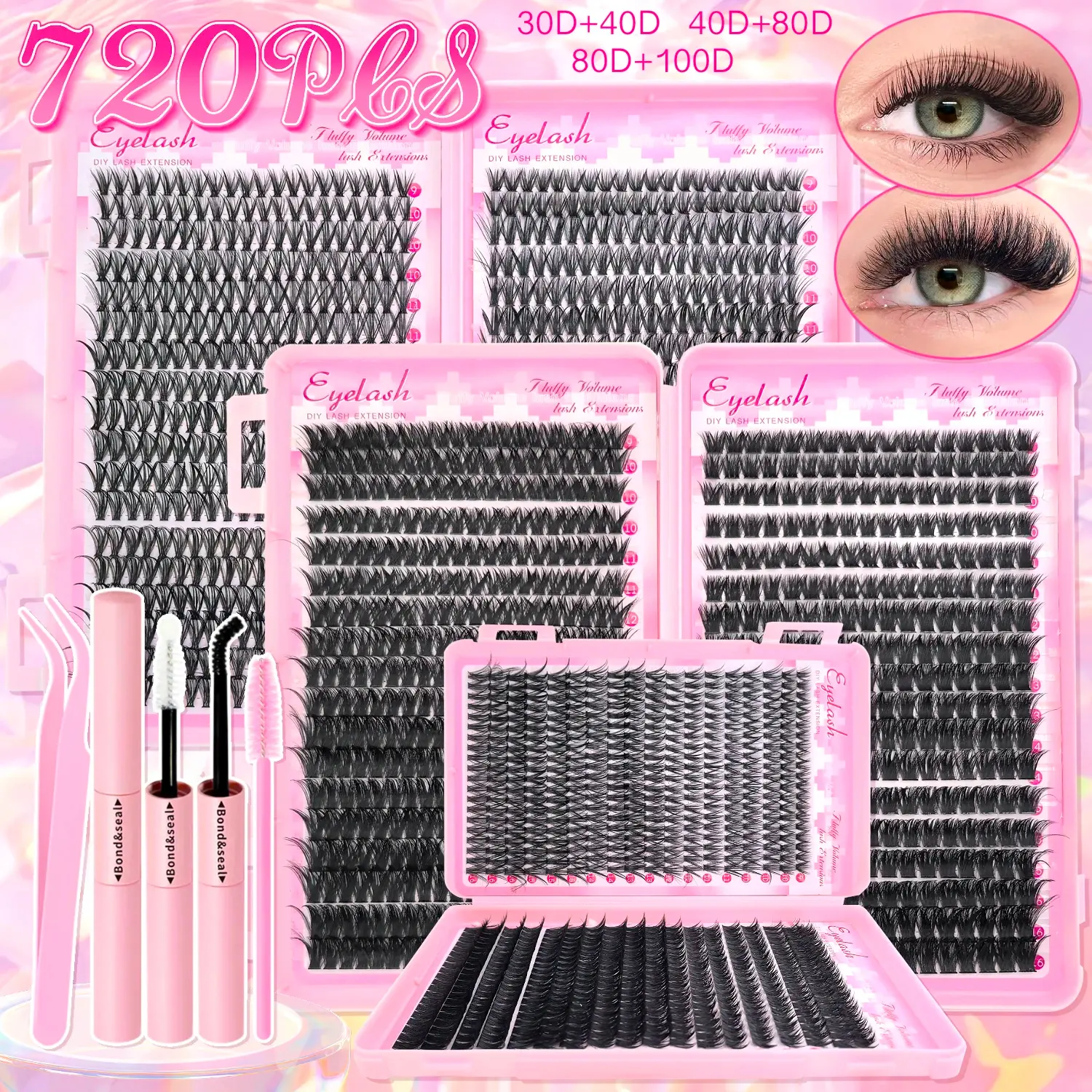 Lash Extension Kit Clusters Individual Eyelashes Kit 9-16mm with Bond and Seal Wispy Natural Mange Lashes