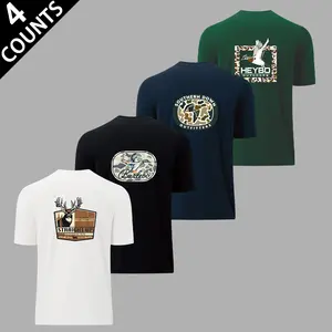 Men's 4-Piece Casual Menswear Round Neck Short-Sleeve T-Shirt Set, Solid Color with Wild Animal Prints (Ducks, Hunting Dogs) on Front & Back, High-Quality Wrinkle-Resistant Loose Fit for Summer Activities, Outdoor Exercise