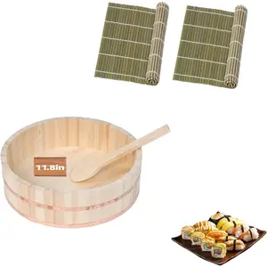 Professional  Hangiri Sushi Rice Mixing Tub Set - Wooden Oke Bowl with Paddle & Makisu, Authentic Sushi Making Kit for  & Restaurant (4 Sizes) (11.8' inch)
