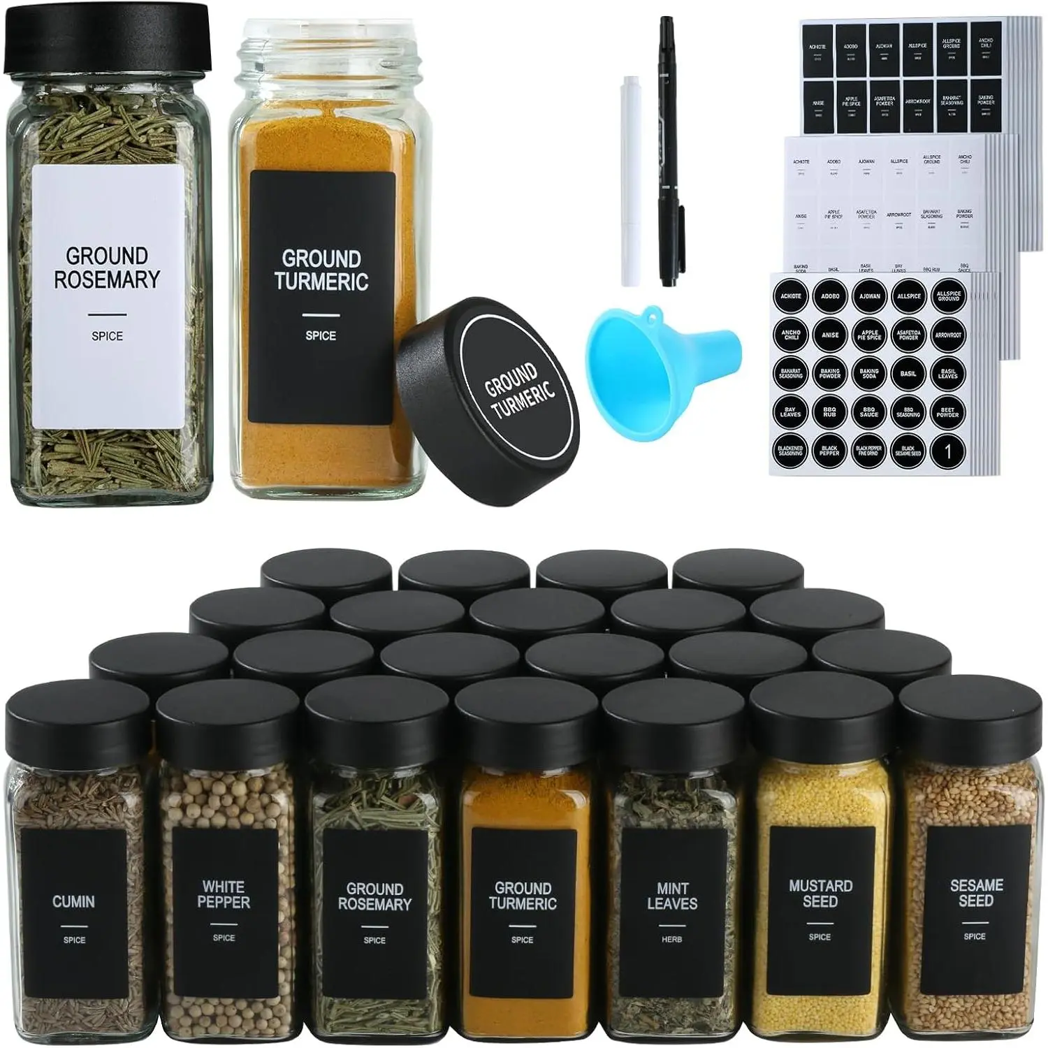 24 count Glass  Jars with Labels,4 oz Seasoning Containers, Containers with Black Airtight Lids and Shaker Lids,Square Empty  Bottles, 492 Labels,2 Marker Pens,1 Funnel