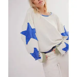 Women's Summer Loose T-Shirt Star Patch Long Sleeve Crew Neck Casual Tops Streetwear