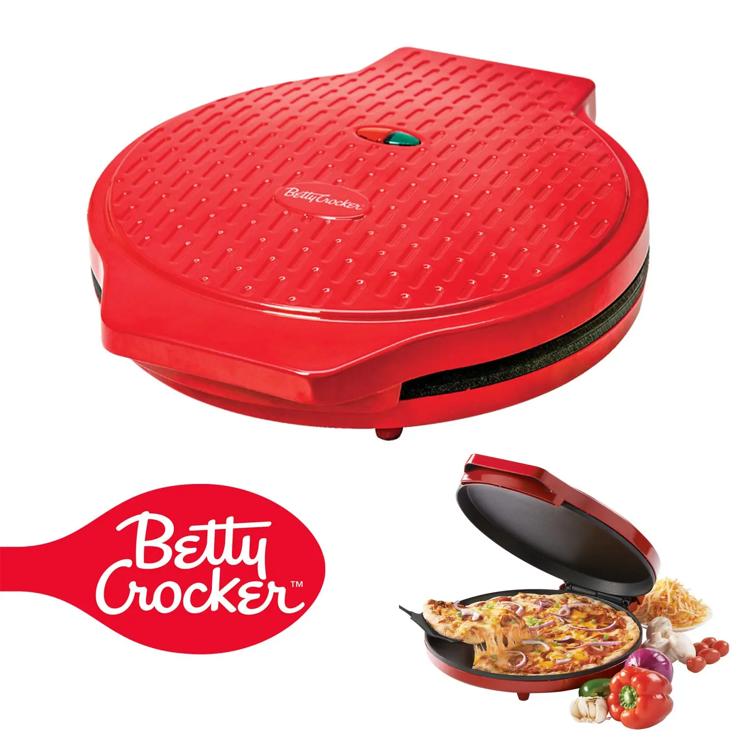 Betty Crocker Pizza Maker Plus, 12" Indoor Electric Grill, Nonstick Griddle Pan for Pizzas, Quesadillas, Tortillas, Nachos and more, 12" Electric Griddle for Delicious Meals, 1440W, BC-2958CR, Red
