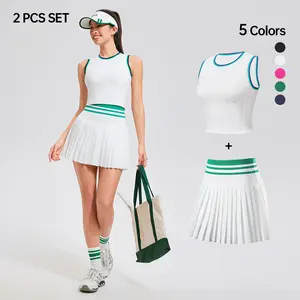 AFZ Women's Summer Two-Piece Set Sleeveless Crew Neck Vest & Pleated Skirt with Built-in Shorts & Fixed Padded Sports Bras for Sports Casual Wear and Tennis Dress