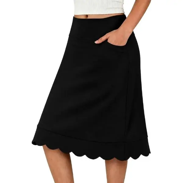 Fisoew Skirts for Women Knee Length Scallop Hem Tennis Skort with Pockets | High Waist, Sports, Golf, Casual, Trendy, Athletic, Cute, A line, Midi, Modest, Long, Dressy