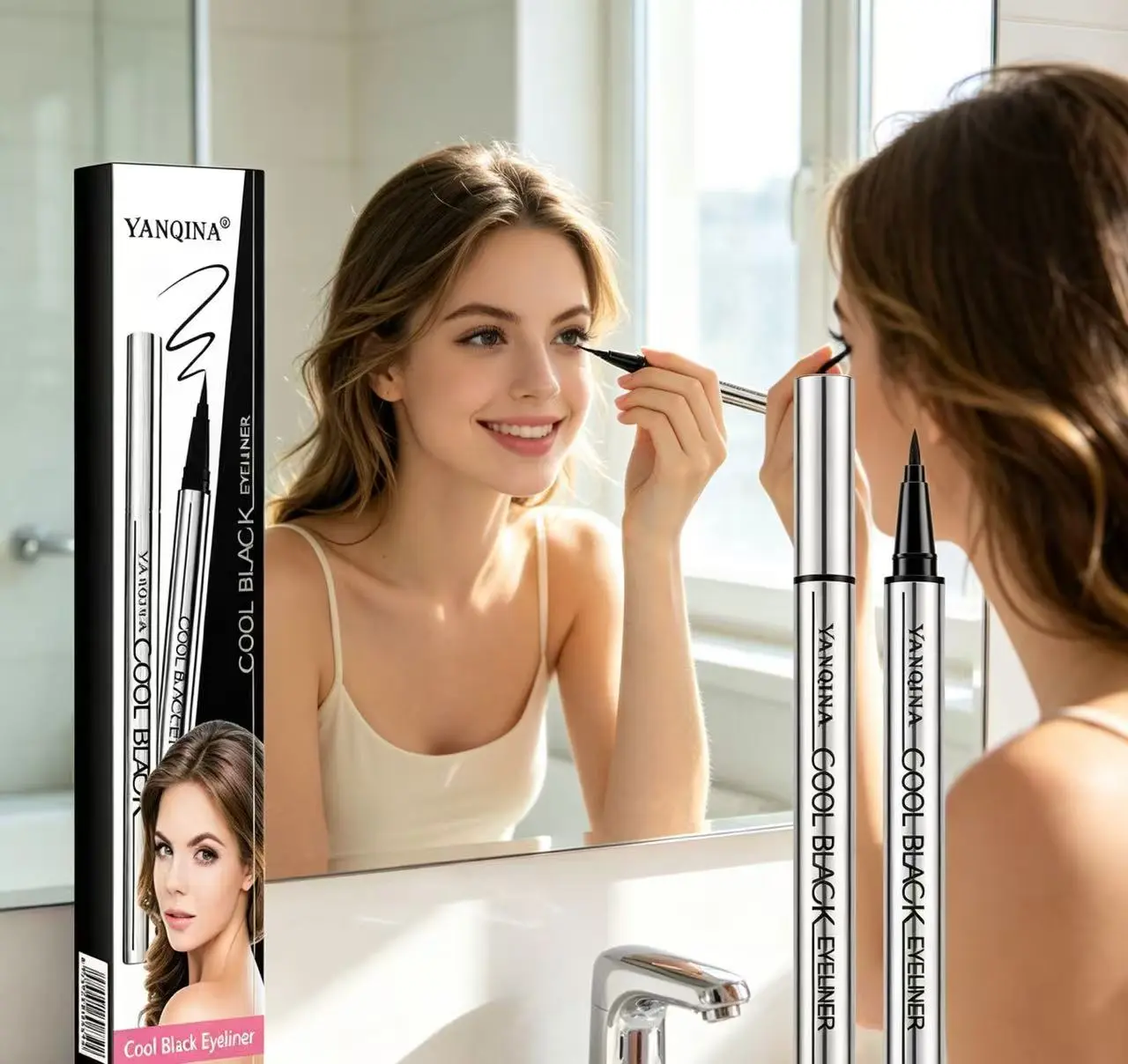 Precision YANQINA Cool Black Eyeliner - Ultra Black Pigment, Sweatproof, Felt Tip Applicator for Sharp, Defined Eyes