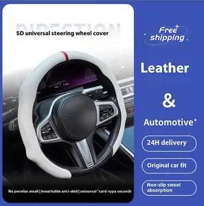 Napa Nappa Leather 15Inch 5D Premium Steering Wheel Cover Ultra-Thin Breathable Anti-Slip Sweat-Resistant Quick Install Universal Fit Enhance Driving Safety Comfort White