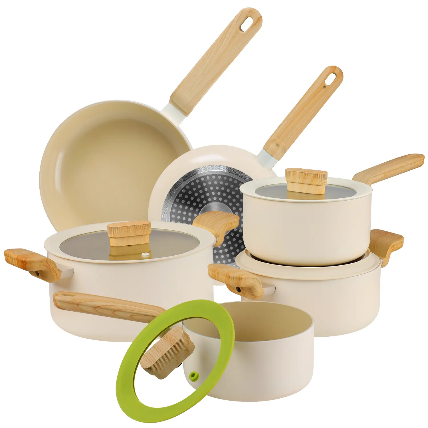 MGKKT 17pcs Nonstick Ceramic Pro Cookware Set - Aluminum Pots & Pans with Wooden Handles, Lids, Induction Compatible, Stackable, Sturdy Steel Base, Oil-Resistant, Lightweight, Scratch-Resistant for Effortless Cleanup
