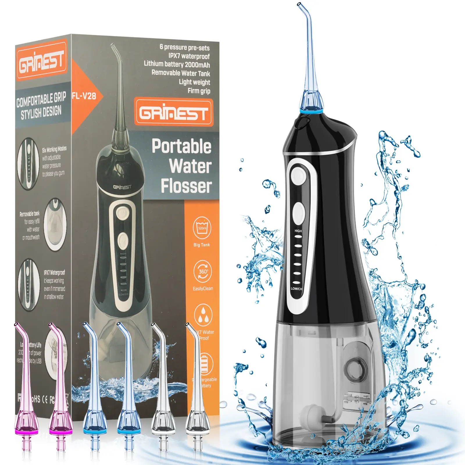 Water Dental Flosser Pick for Teeth,Grinest Cordless Water Dental pik Teeth Cleaner 7 Modes Rechargeable Oral Irrigator Portable IPX7 Waterproof Tooth flossing Cleaning for Home Travel