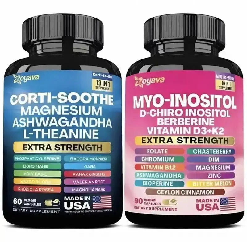 Zoyava Corti-Soothe & Myo-Inositol Extra Strength Magnesium Capsules with Ashwagandha L-Theanine & Berberine Vitamin D3 K2 60 Veggie Capsules Made in USA Dietary Mineral