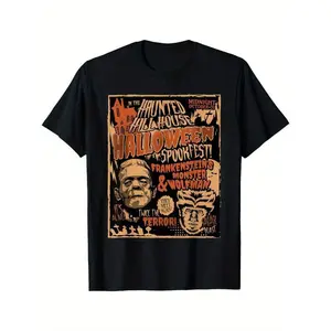 Vintage Horror Movie Fan T-Shirt - "Halloween Spookfest!" Frankenstein & Wolf Man design, black cotton crew neck short sleeve T-shirt, perfect for all seasons, Halloween shirts, men’s size medium