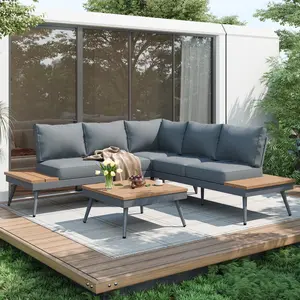 Outdoor V-Shaped 4-Piece Alum Patio Sofa Set with Grey Cushions and Wooden Tables for Comfortable Seating Aluminum Frame Mid-century Modern Sectional Sofa Set