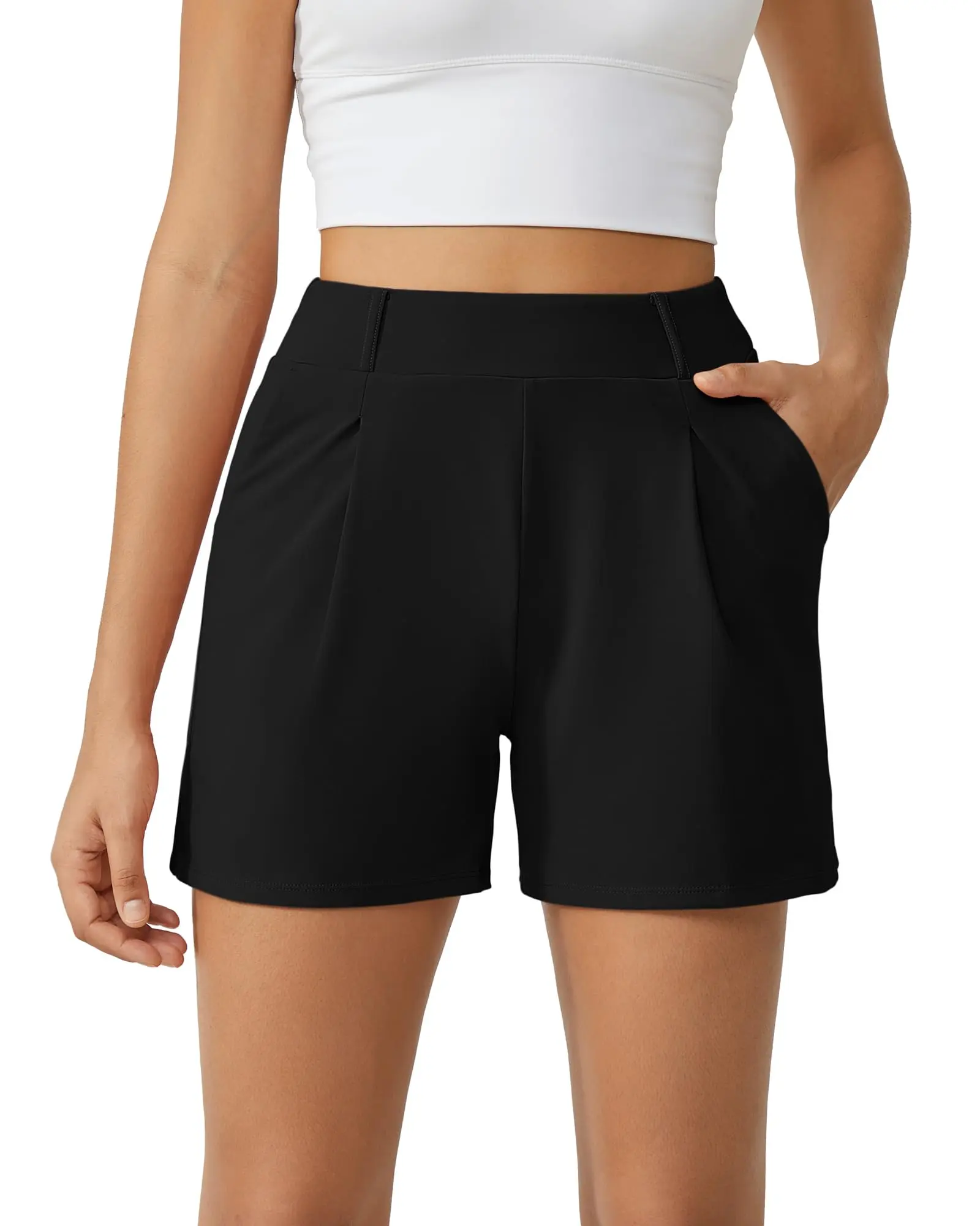 Women Pleated Casual Dressy Shorts 4 Inch, High Elastic Waist Shorts with Belt Loops & Side Pockets, All Day Comfort Trousers, Suitable for Workout and Daily Casual Outfits