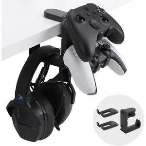 PC Gaming Headphone Stand & Controller Holder, 3 in 1 Under Desk Clamp Universal Headset Controllers Hook with Adjustable and swivelling arm clamp(Black)